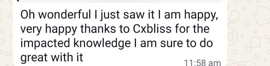 Real student WhatsApp chat message thanking CXBliss for impacted knowledge