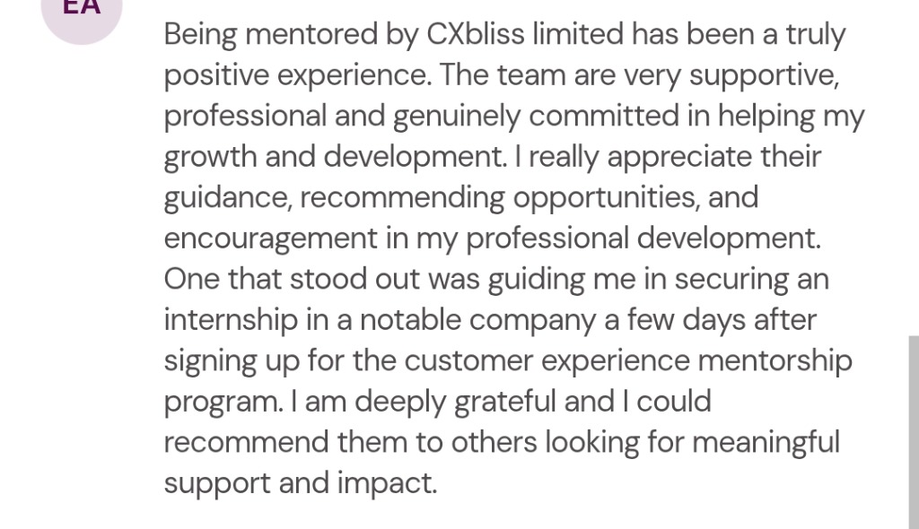Student review praising CXBliss mentorship and securing an internship